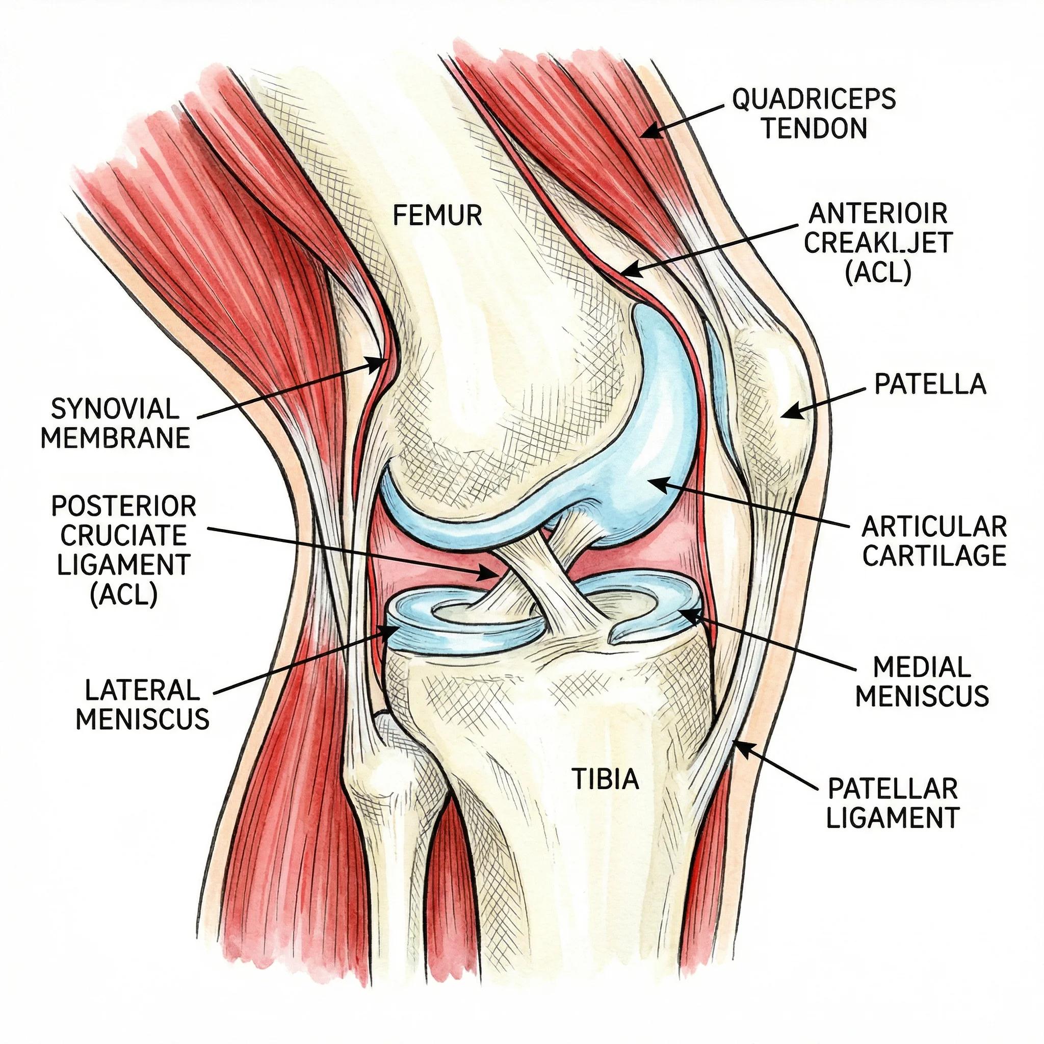 Labeled knee joint anatomy illustration